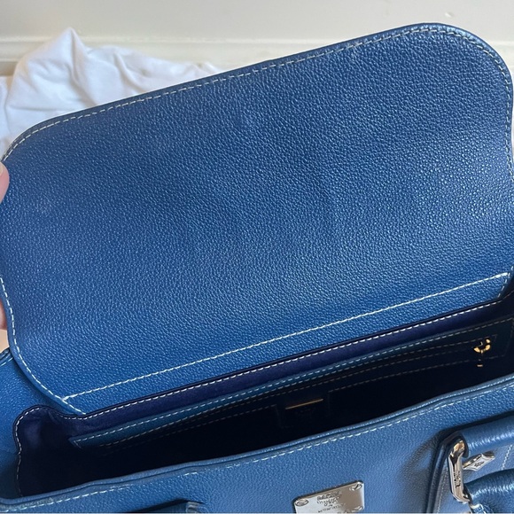 MCM Navy Blue Leather Boston Handbag Small Silver Hardware COA - Picture 9 of 11